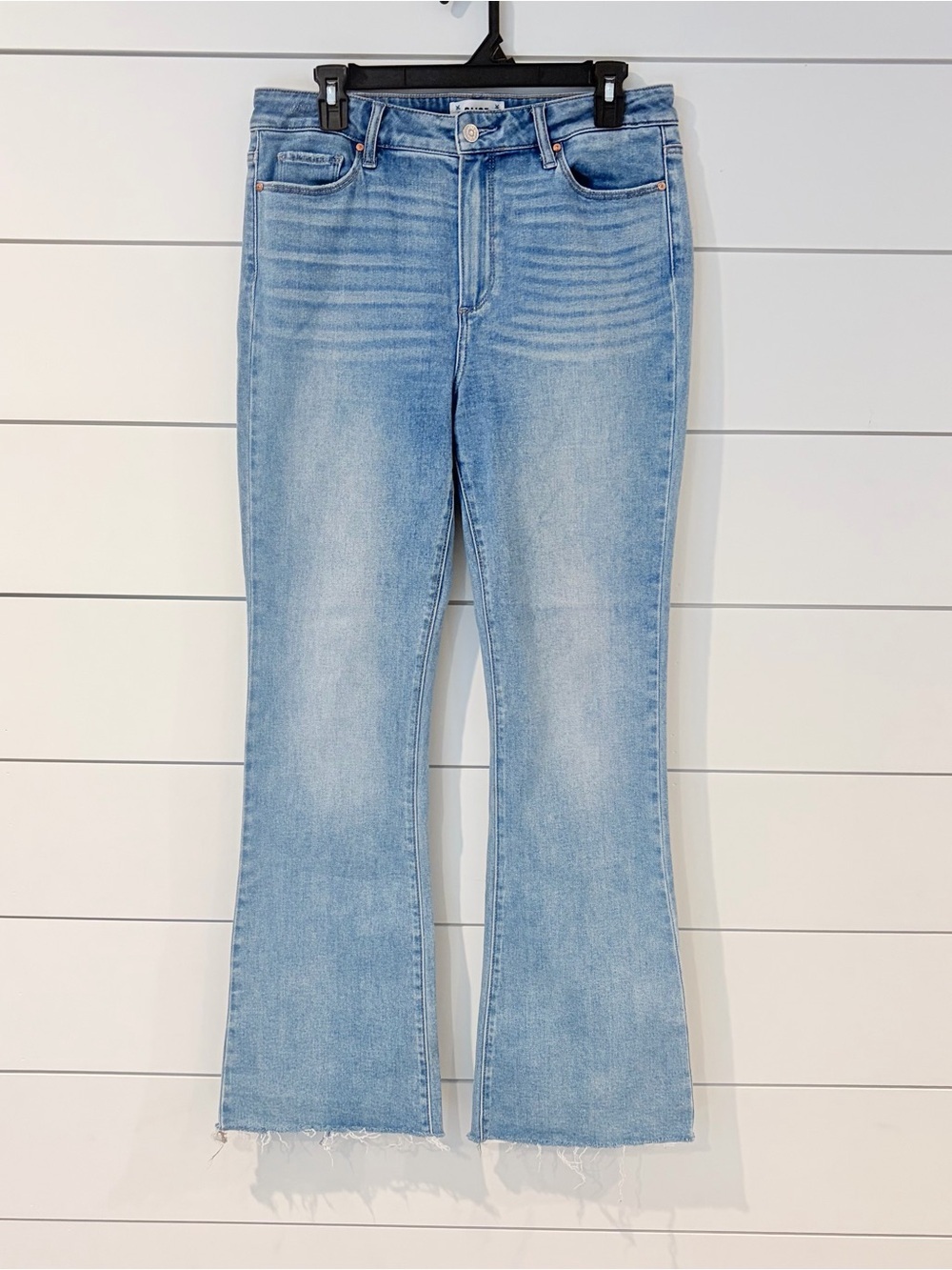 PAIGE Laurel Canyon High Rise Flare Jeans 31 Boho Quiet Luxury Model Off Duty